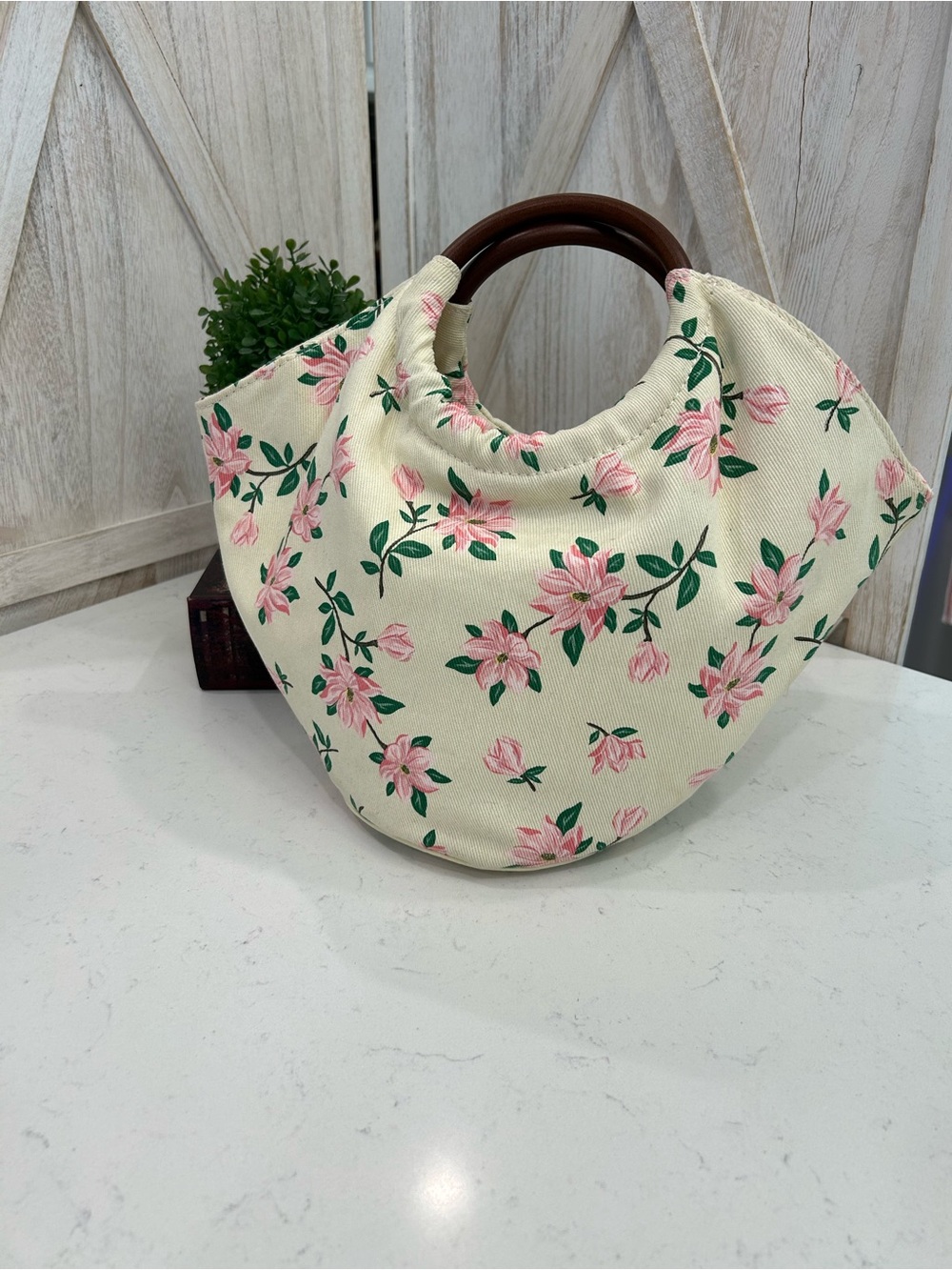Draper James Cream Floral Canvas Circle Tote with Wooden Handles